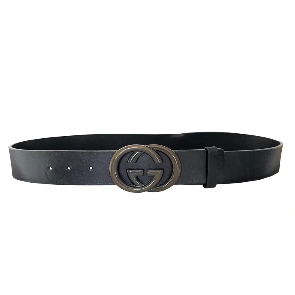 Gucci black leather solid bronze interlocking GG buckle belt